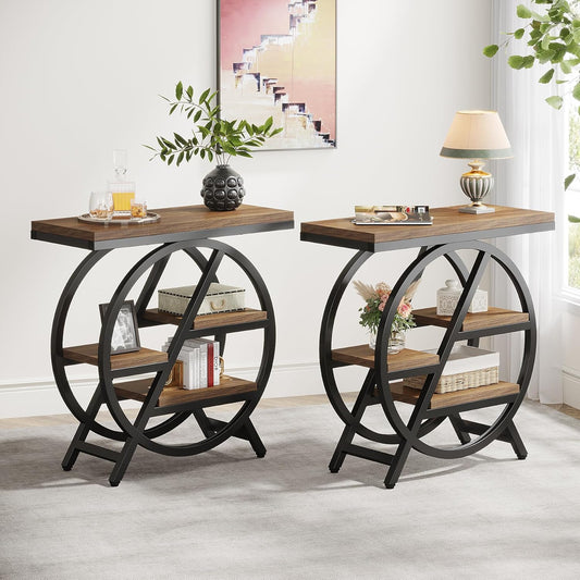 Tribesigns 3 Tier Side Table, Narrow Wood, 65 x 30 cm, Sofa Table with Storage Space, Industrial Small Side Table for Living Room, Smart Bedside Table for Bedroom (2 Pack)