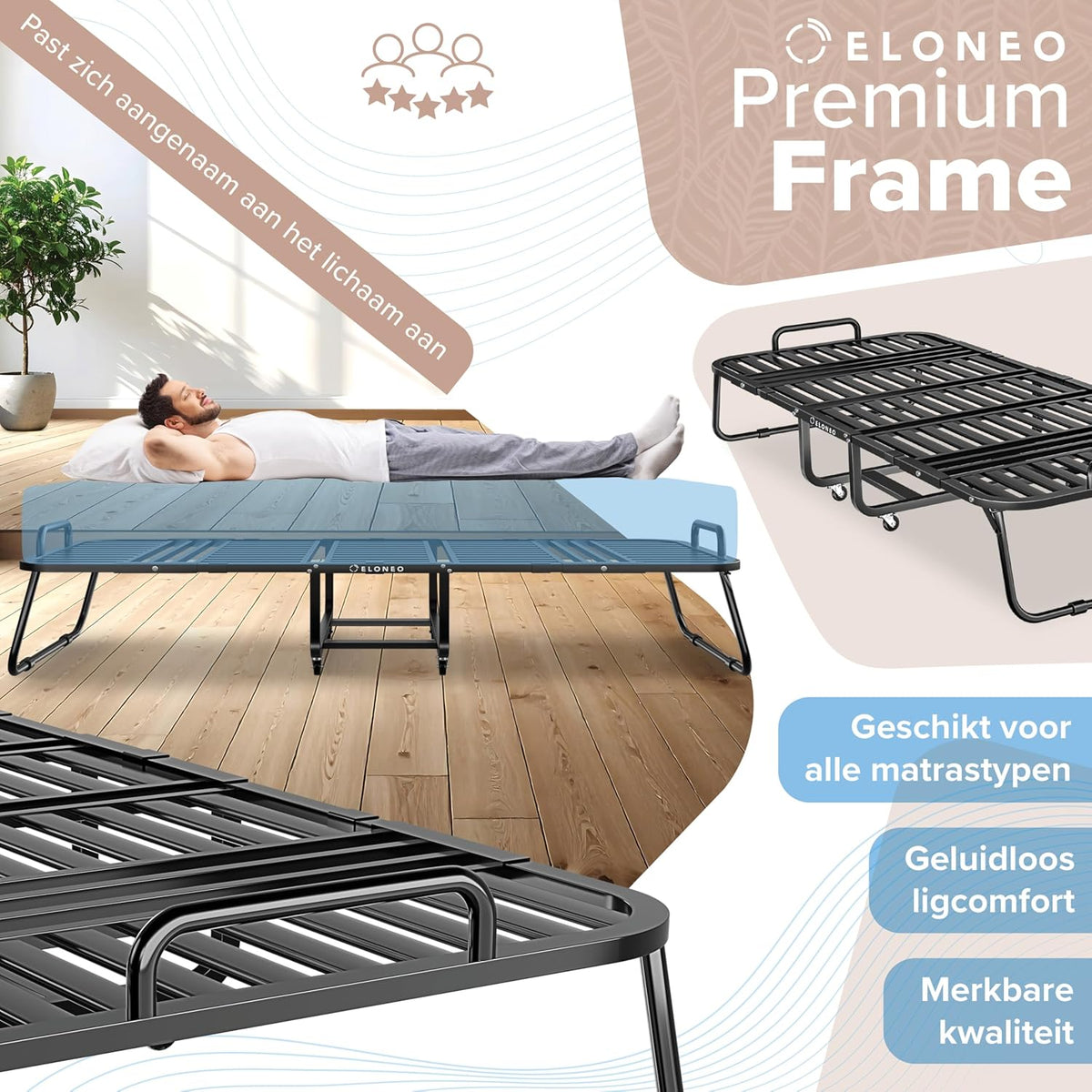ELONEO Opklapbed 80x200 cm | Opvouwbaar logeerbed, belastbaar tot 250 kg | Opvouwbaar reisbed | Transportwielen | Beschermhoes