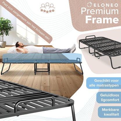 ELONEO Opklapbed 90x200 cm | Opvouwbaar logeerbed, belastbaar tot 250 kg | Opvouwbaar reisbed | Transportwielen | Beschermhoes