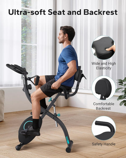 MERACH 4-in-1 hometrainer, fiets, inklapbaar, met lcd-monitor en hartslagmeting, magnetische ergometer, hometrainer met comfortabel zitkussen, fitnessfietsen voor thuis, ruimtebesparend