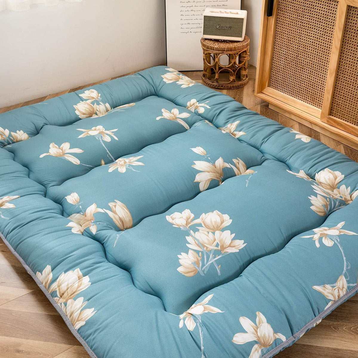 MAXYOYO Japanse vloermatras Futon-matras, dikker Tatami-mat slaapkussen opvouwbaar opklapmatras slaapzaal matraskussen vloer ligbed kussen bed (blauwe bloem, enkel)