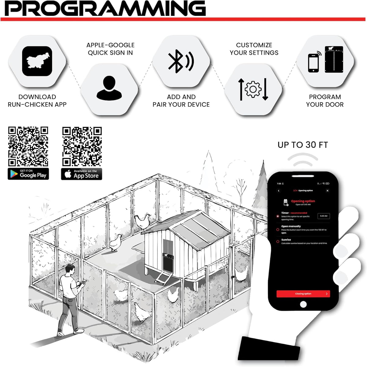 RUN-CHICKEN Deur (Grijs) Solar Kippenhok, Batterij Aangedreven Automatische Kippenhok, Programmeerbare Elektrische Kippendeur met Timer, Lichtsensor, Zonne-energie, Eternal