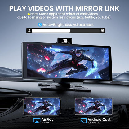 10,3 inch draadloos Carplay scherm voor auto met 4K Dash Cam & 1080P Backup Camera, Draagbare Auto Audio Ontvangers met Carplay & Android Auto, GPS Navigatie, Airplay, Mirror Link