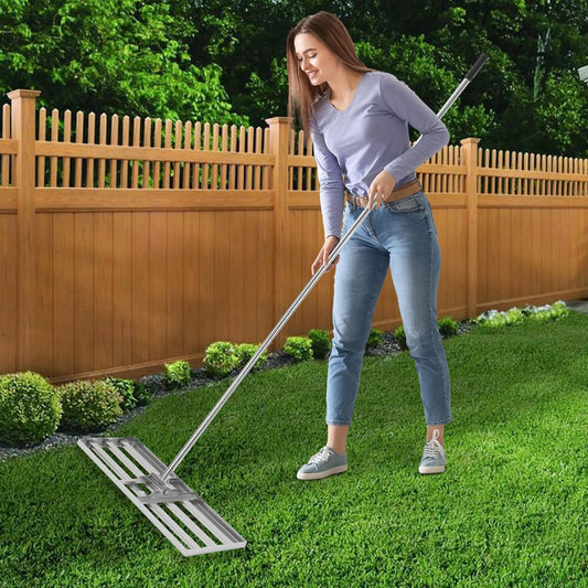 Lawn rake, metal, adjustable handle length 50-180 cm, ground rake for sanding, flat plane, level level leveling - QUORE