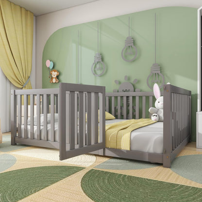 Bedframe Kinderbed - Peuterbed - Vloerbed - Kinderbox - Inclusief Uitvalhekje - Kinderkamer - Multiplex -  140 x 200 x 60 cm - Grijs