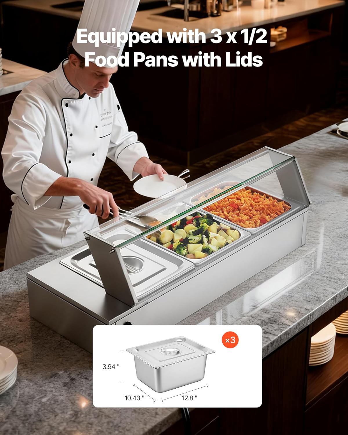 Voedselwarmer – Elektrische Warmer – Buffetverwarmer – Warmhoudpan – Stoomtafel – Roestvrij Staal – 1500 W – 3 Containers met Glazen Deksel