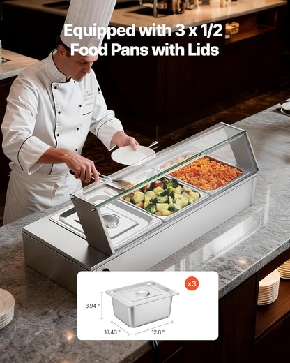 Voedselwarmer – Elektrische Warmer – Buffetverwarmer – Warmhoudpan – Stoomtafel – Roestvrij Staal – 1500 W – 3 Containers met Glazen Deksel