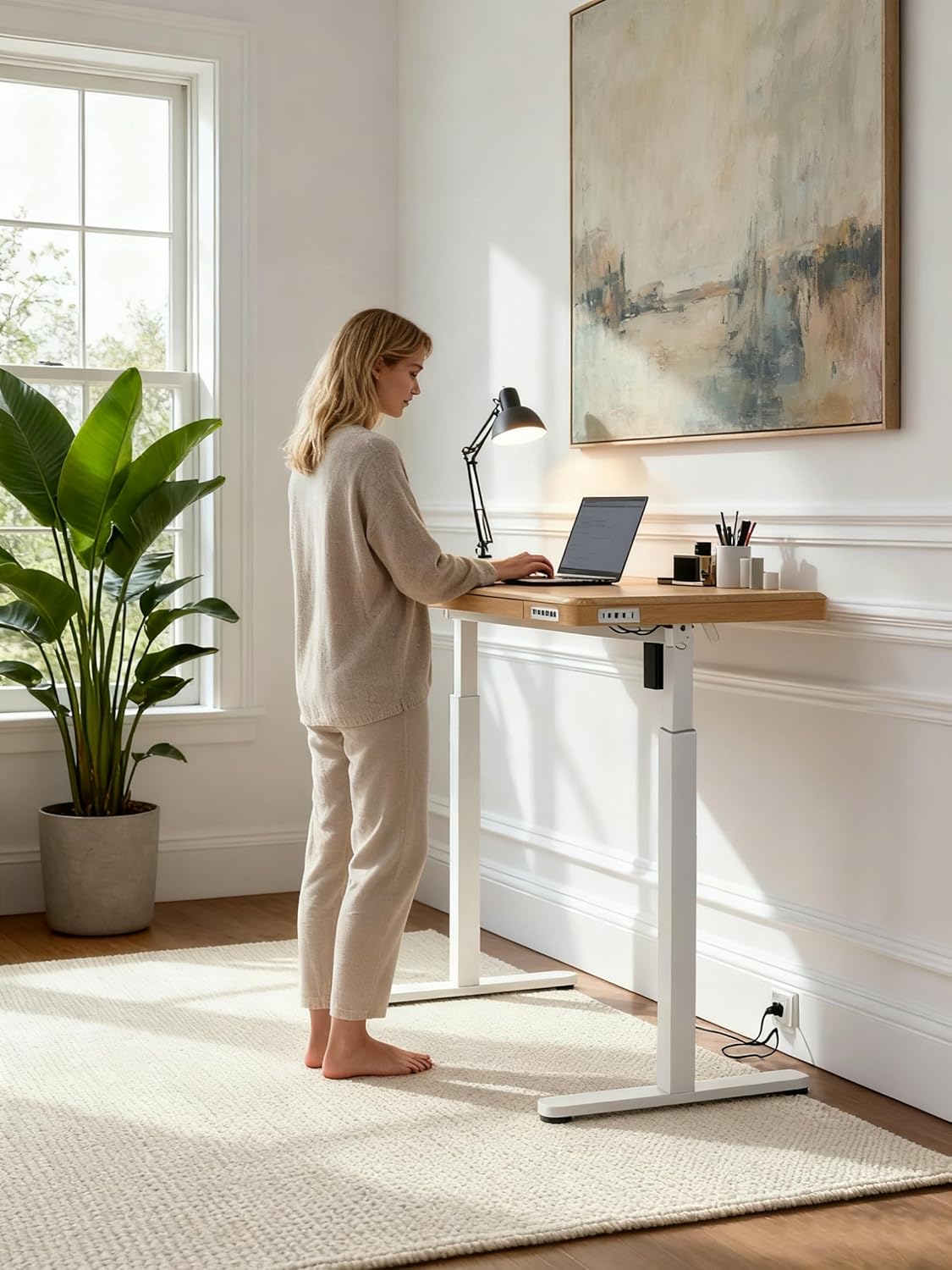 KOWO Electric Standing Desk with Drawers, USB-C Hub and Wireless Charger, Sit-Stand Desk, Adjustable Table, Home Office, Computer Table with Storage Space, 120 cm (L) Maple Wood - QUORE