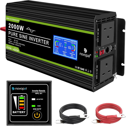 Novopal Pure Sinus Omvormer 2000W 24V naar 230V 240V Auto Converter Omvormer met LCD Display 2AC Outlets En USB Port-Afstandsbediening voor campers, Vrachtwagen, Boot, camping, huishouden, Van