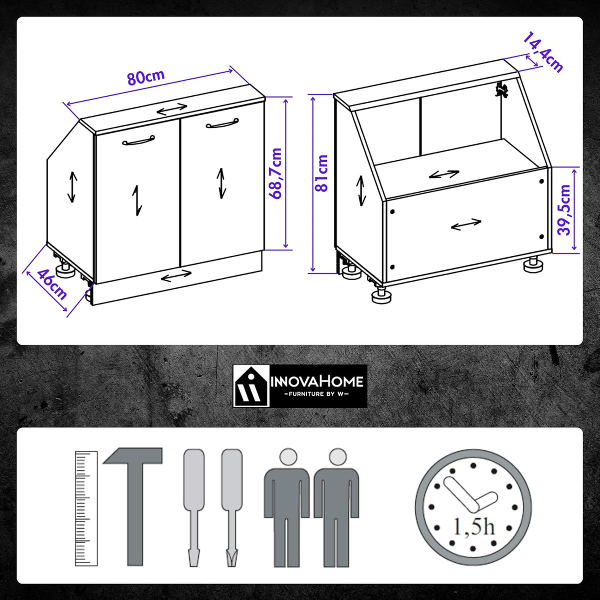 INNOVAHOME Knee Shelter Cabinet 80 cm – Low Loft Cabinet for Angled Walls with Robust Structure 18 mm (Hull & Back Wall), Metal Handles and Adjustable Legs – Polar White - QUORE
