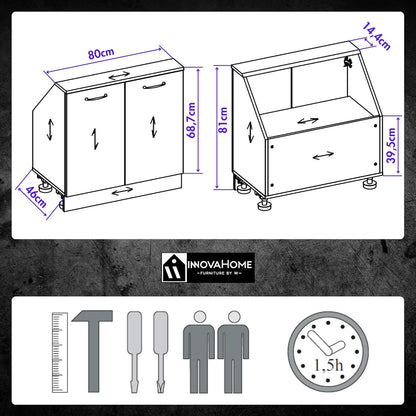 INNOVAHOME Knee Shelter Cabinet 80 cm – Low Loft Cabinet for Angled Walls with Robust Structure 18 mm (Hull & Back Wall), Metal Handles and Adjustable Legs – Polar White - QUORE