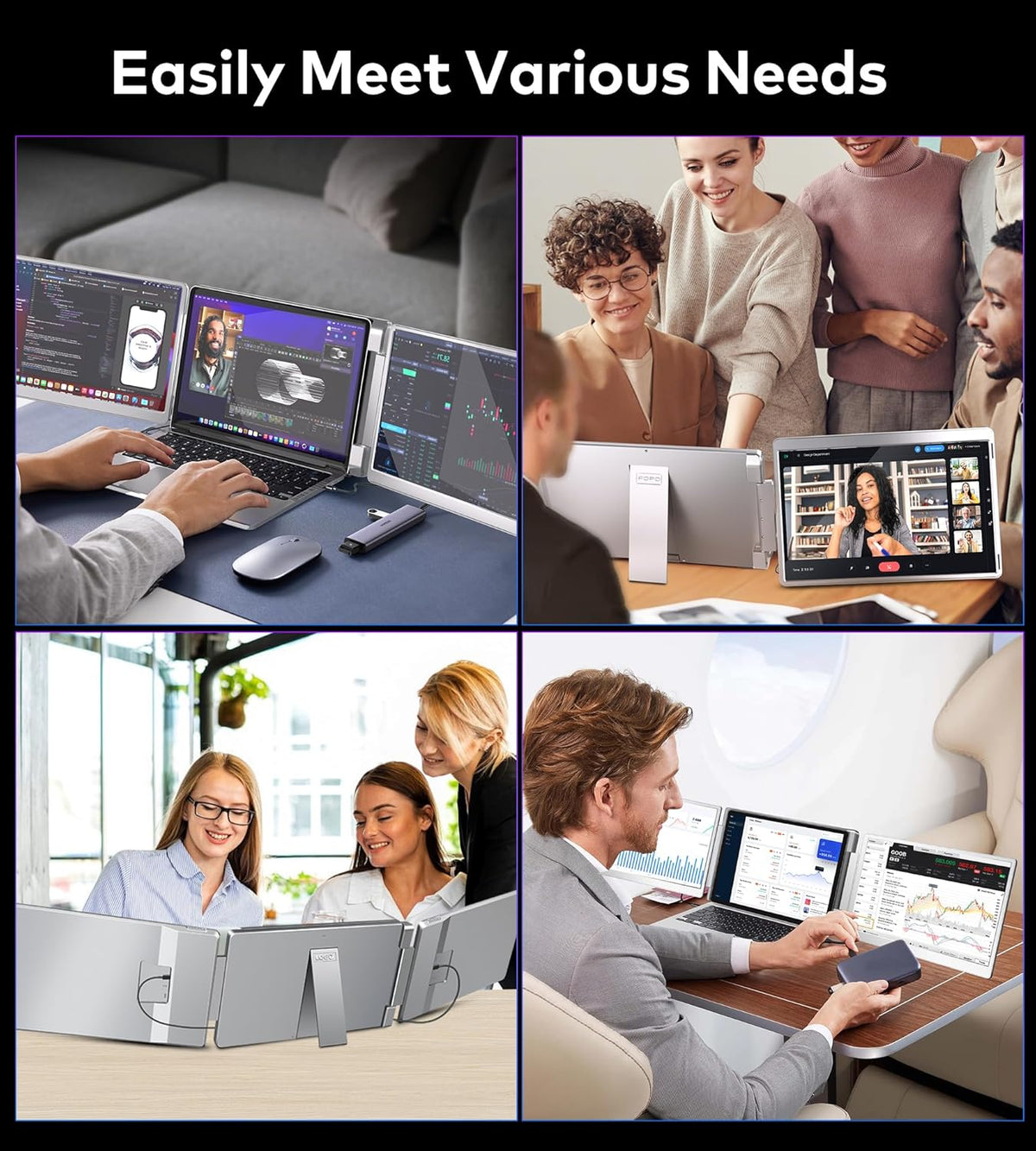 FOPO 14" Triple Monitor Laptop Screen Extender-FHD 1200P 16:10 Portable Monitor for 12-16.5" Laptops with HDMI/USB-C, Plug & Play - S7 - QUORE