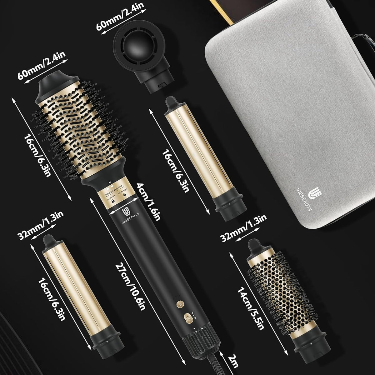 webeauty 6-in-1 haarstyler, 110.000 omw/min, 25 m/s, haardroger met hoge snelheid met warme luchtborstel, ronde borstelföhn, airkrultangen, koffer, 500 miljoen negatieve ionen airstyler, zwart