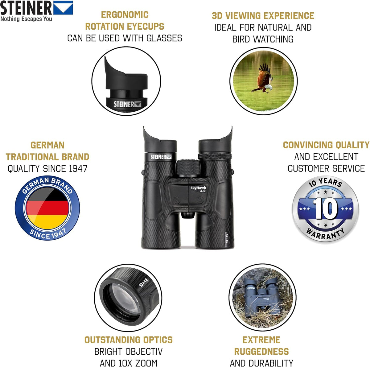 STEINER verrekijker SkyHawk 4.0 10x42 - optiek van Duitse kwaliteit, scherpe 3D-kijkervaringen, robuust, perfect voor natuur-, dieren- en vogelspotten