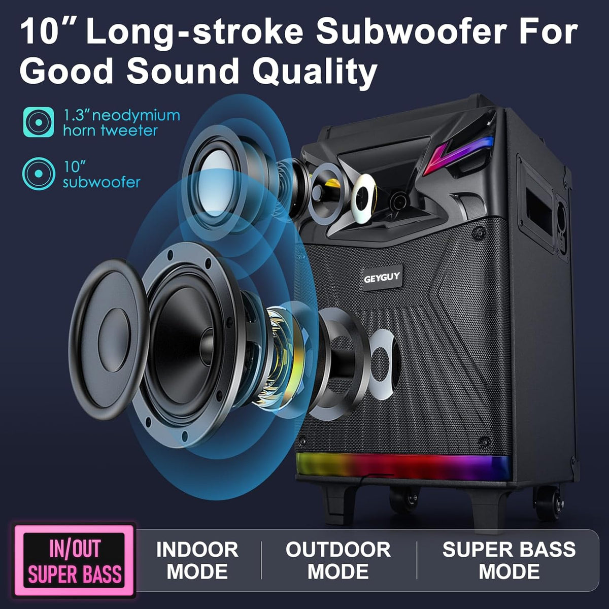 DSP Bluetooth karaoke-machine met 2 microfoonluidsprekers, 600 W 10 inch subwoofer PA-installatie, live streaming/geluidseffects/DJ Lights/FM-radio voor YouTube, Tiktok GTSK10-1