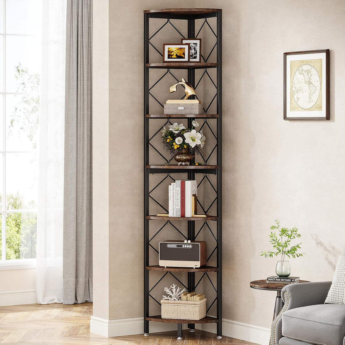 Tribesigns 7 Tier Corner Shelf, 200 cm, Extra High Angle, Industrial Narrow Bookcase for Small Narrow Spaces, Corner Shelf, Wooden Stand, Storage Rack for Living Room, Kitchen, Home Office