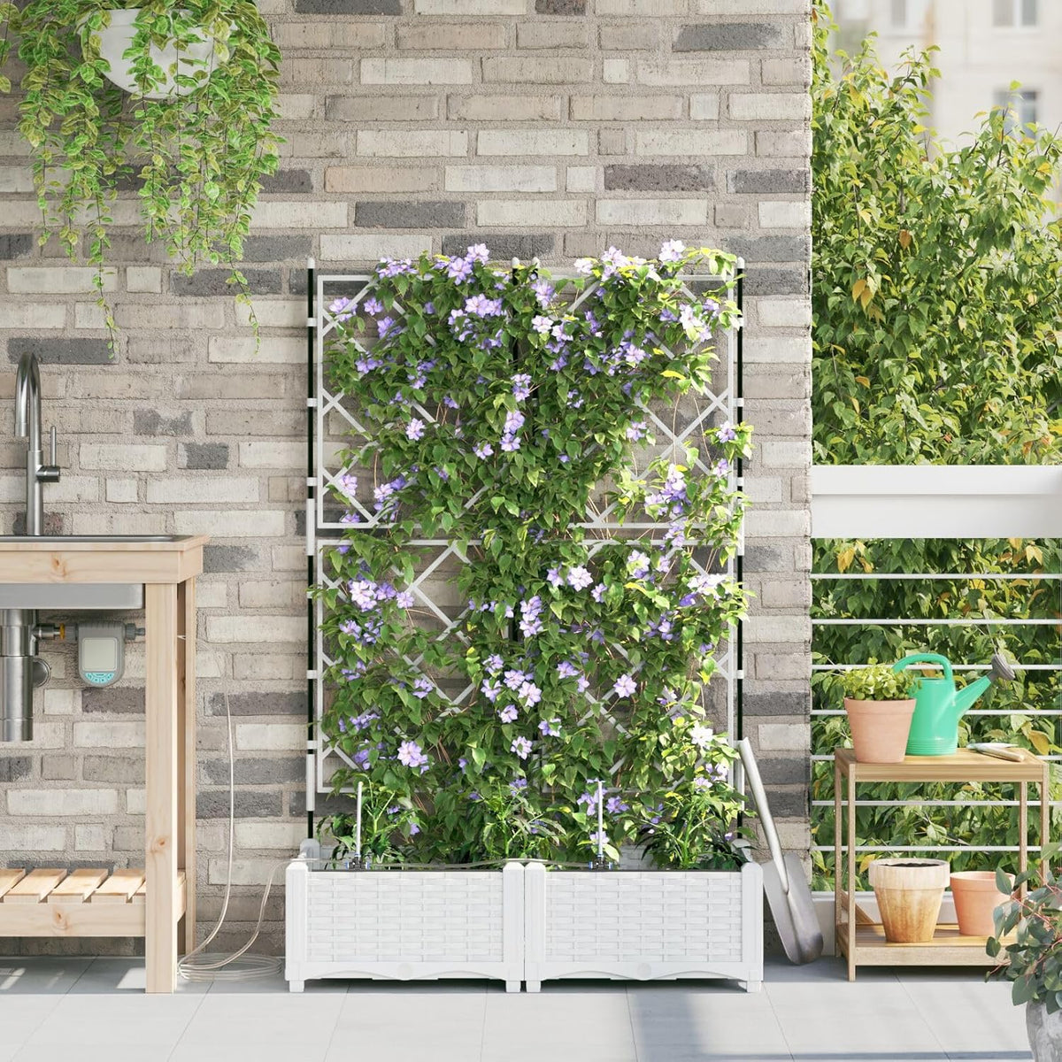 Set of 2 Flower Box with Irrigation System White with Adjustable Trellis for Climbing Plants, Modern Flower Box Made of Synthetic Rattan for Balcony, Garden, Indoor and Outdoor Use - QUORE