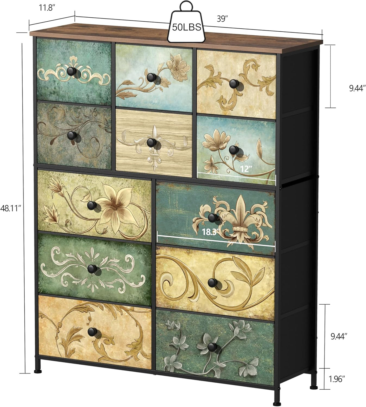 VEDECASA Commode met 12 laden, industriële ladekast, stoffen commode, metalen frame, houten oppervlak, stoffen laden voor woonkamer, kinderkamer, hal, rustiek