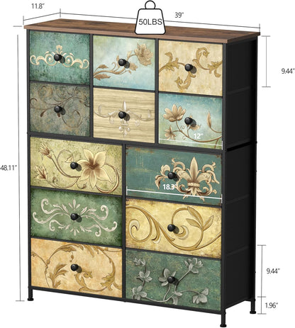VEDECASA Commode met 12 laden, industriële ladekast, stoffen commode, metalen frame, houten oppervlak, stoffen laden voor woonkamer, kinderkamer, hal, rustiek