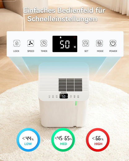 EUHOMY Elektrische luchtontvochtiger 20 l/dag kelder met afvoerbuis, stille en energiezuinige luchtontvochtiger met automatische ontdooiing, timer, luchtontvochtiger voor