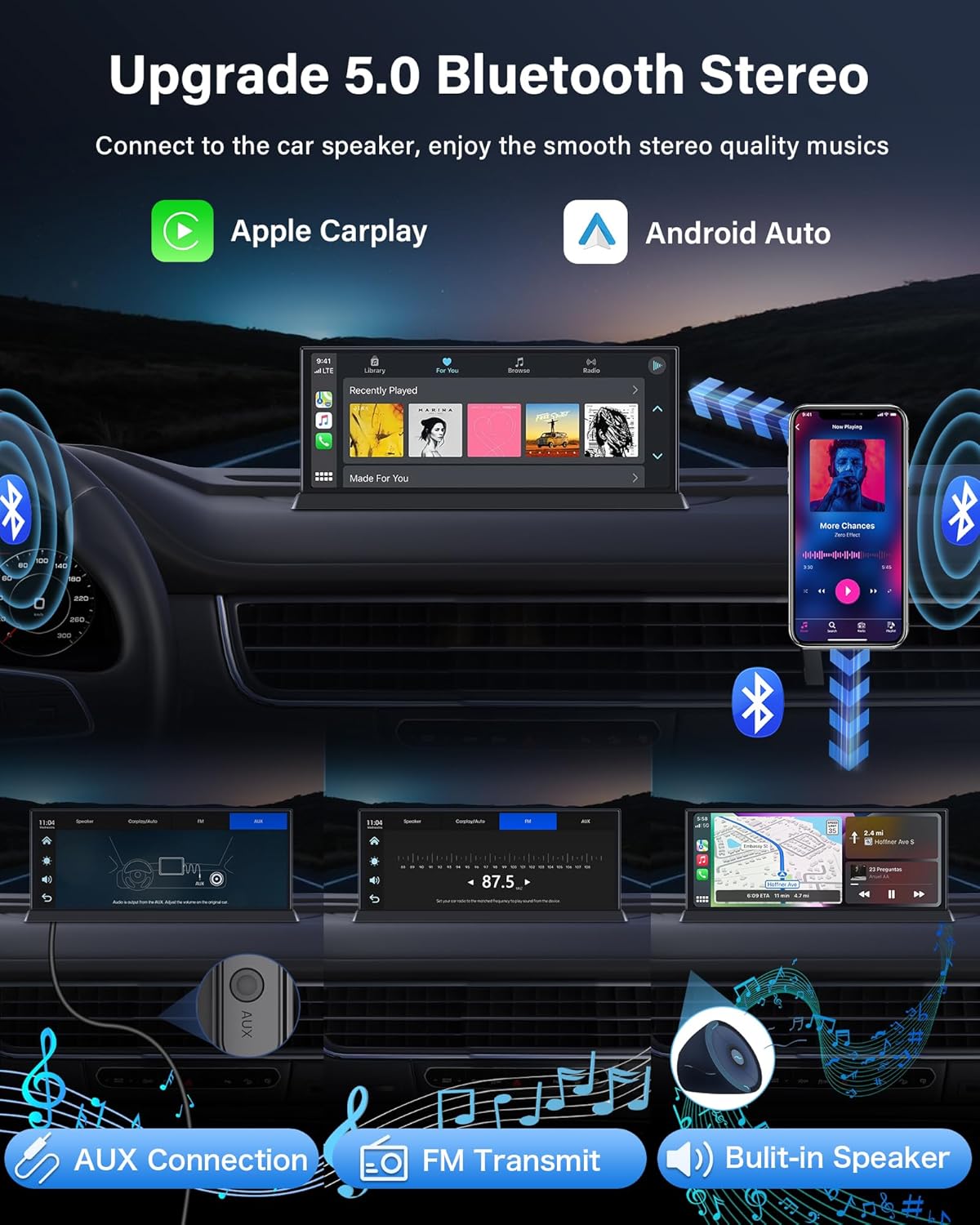 11,3 Inch Carplay Android Auto Display – Touchscreen Navigatie Scherm – Draadloze Carplay – 4K Dashcam – Draaibare 350° Camera – Dubbele Bluetooth – Inclusief 64GB TF Kaart