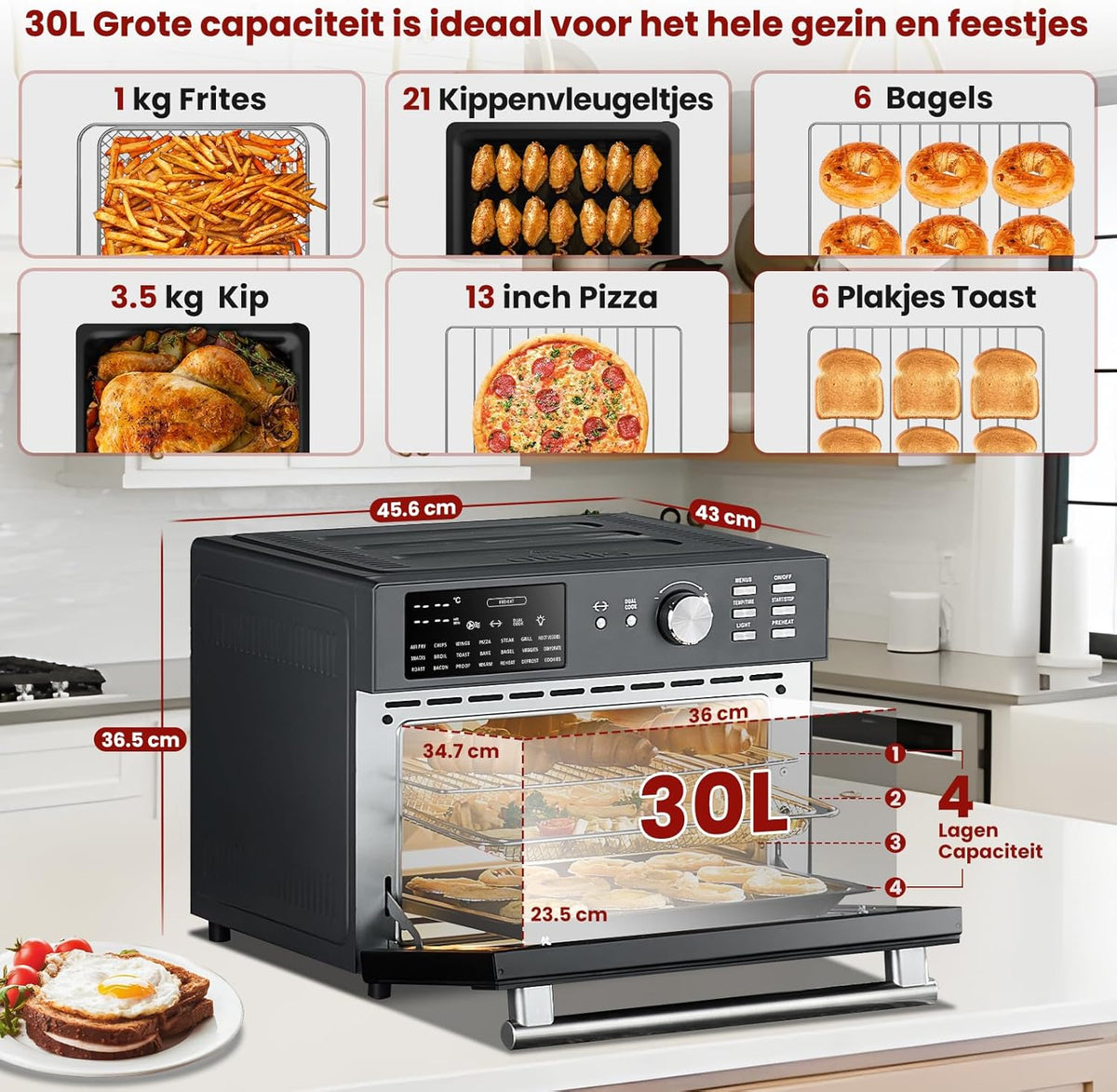 Heteluchtfriteuse 30L, 21 Programma's, XXL Oven met Luchtfriteuse, Multifunctionele Heteluchtoven, Dubbele cook, Roosteren, Drogen, 6 Accessoires met Recepten, 30℃-230℃, 1800W, NEE Draaikorf