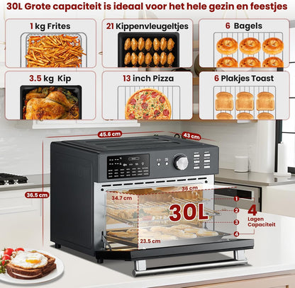 Heteluchtfriteuse 30L, 21 Programma's, XXL Oven met Luchtfriteuse, Multifunctionele Heteluchtoven, Dubbele cook, Roosteren, Drogen, 6 Accessoires met Recepten, 30℃-230℃, 1800W, NEE Draaikorf