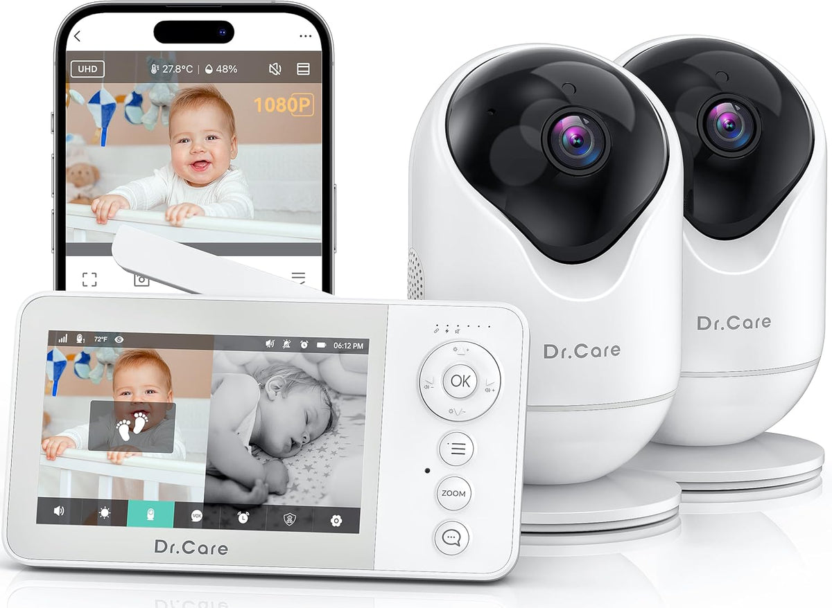 Dr.Care VistaView Lite Smart WiFi babyfoon, 2 camera's, 4 inch 720p split-scherm, 1080p app-bediening, bewegingsdetectie, nachtzicht, 2500 mAh afneembare batterij, 2-weg communicatie, 300 m bereik.
