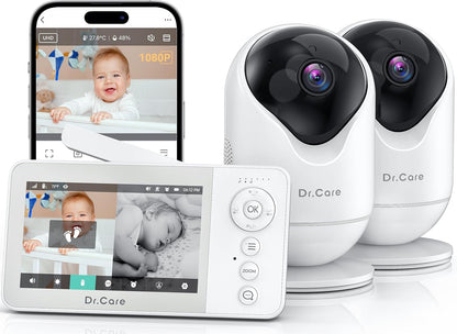 Dr.Care VistaView Lite Smart WiFi babyfoon, 2 camera's, 4 inch 720p split-scherm, 1080p app-bediening, bewegingsdetectie, nachtzicht, 2500 mAh afneembare batterij, 2-weg communicatie, 300 m bereik.