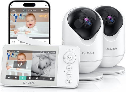 Dr.Care VistaView Lite Smart WiFi babyfoon, 2 camera's, 4 inch 720p split-scherm, 1080p app-bediening, bewegingsdetectie, nachtzicht, 2500 mAh afneembare batterij, 2-weg communicatie, 300 m bereik.