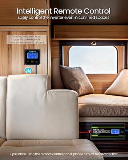 NOVOPAL spanningsomvormer 24V 230V omvormer 1500W spanningsomvormer puur sinus beeldscherm LCD met een USB-poort - 5 meter afstandsbediening en twee koelventilatoren voor RV Truck Boat