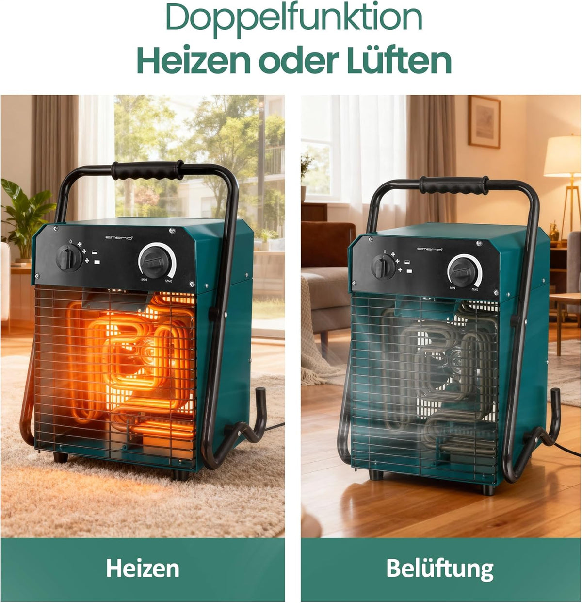 EMERIO Ventilatorkachel, voor ruimtes tot 50 m², IP24, 5000 W krachtstroom, roestvrijstalen verwarmingselement, 2 warmtestanden, instelbare thermostaat, oververhittingsbeveiliging, stabiele