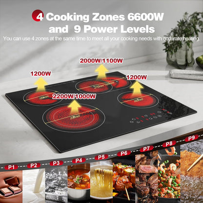 Keramische kookplaat – Inbouw kookplaat – Elektrische kookplaat – Glazen kookplaat – Keramisch fornuis – 4 kookzones – 6600 W – Dubbele uittrekbare zone – Touchbediening – Timer 1-99 min