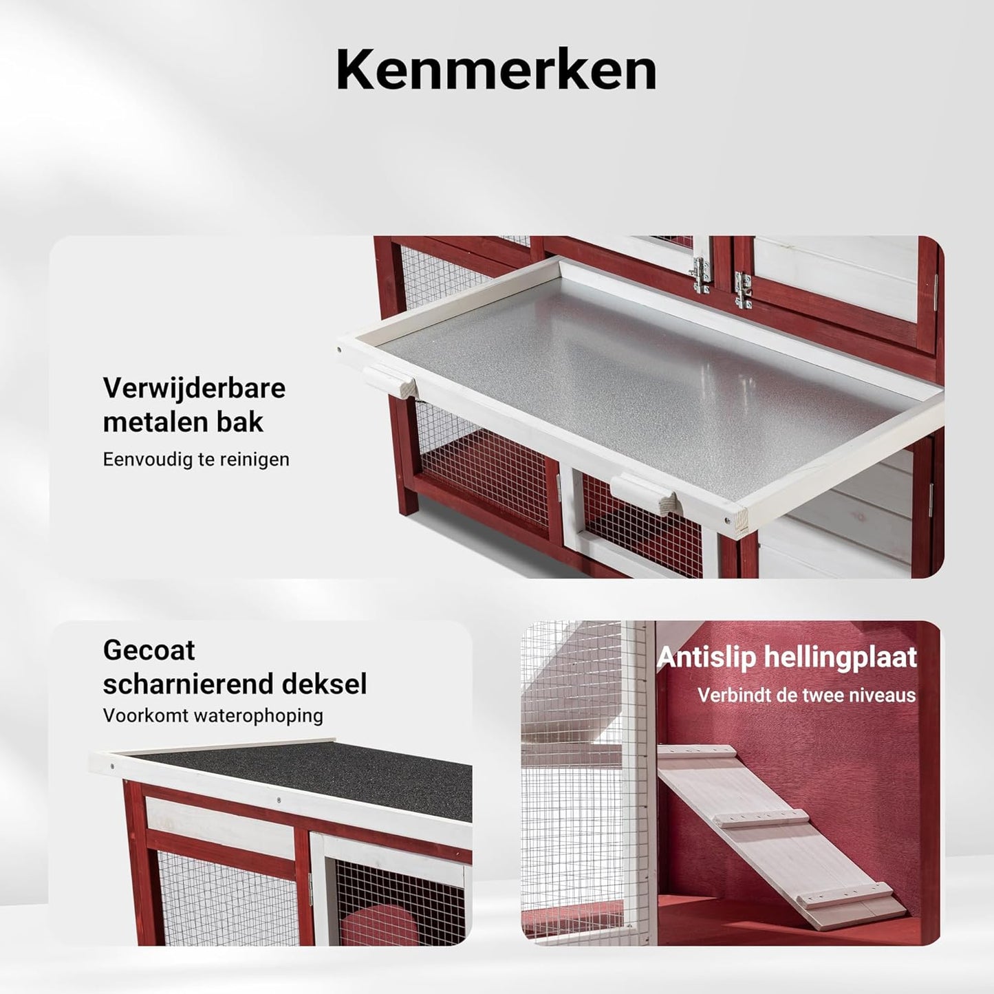Konijnenhok met twee verdiepingen en trap - uitneembare vloer - van hout - rood-wit