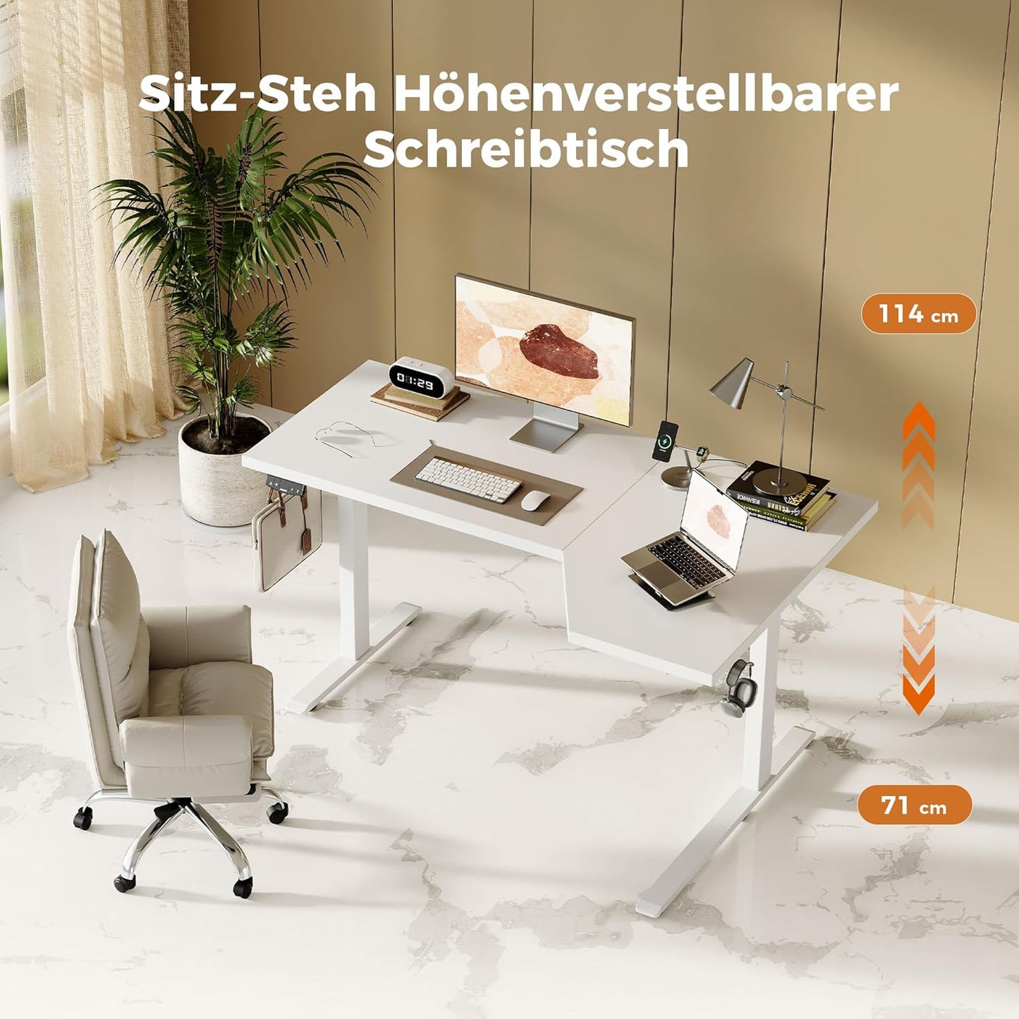 Agilestic Elektrisch sta-bureau 160 cm in L-vorm, in hoogte verstelbaar om thuis staand of zittend te werken, ergonomisch computerbureau, wit