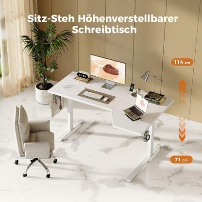 Agilestic Elektrisch sta-bureau 160 cm in L-vorm, in hoogte verstelbaar om thuis staand of zittend te werken, ergonomisch computerbureau, wit