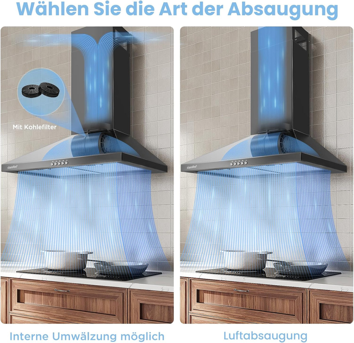COMFEE CH60A17EM400B Afzuigkap, 60 cm convectie en afvoerlucht, wandkap met actieve koolfilter, 400 m³/u luchtstroom, 5 lagen, wasbaar vetfilter, instelbare open haard, zwart