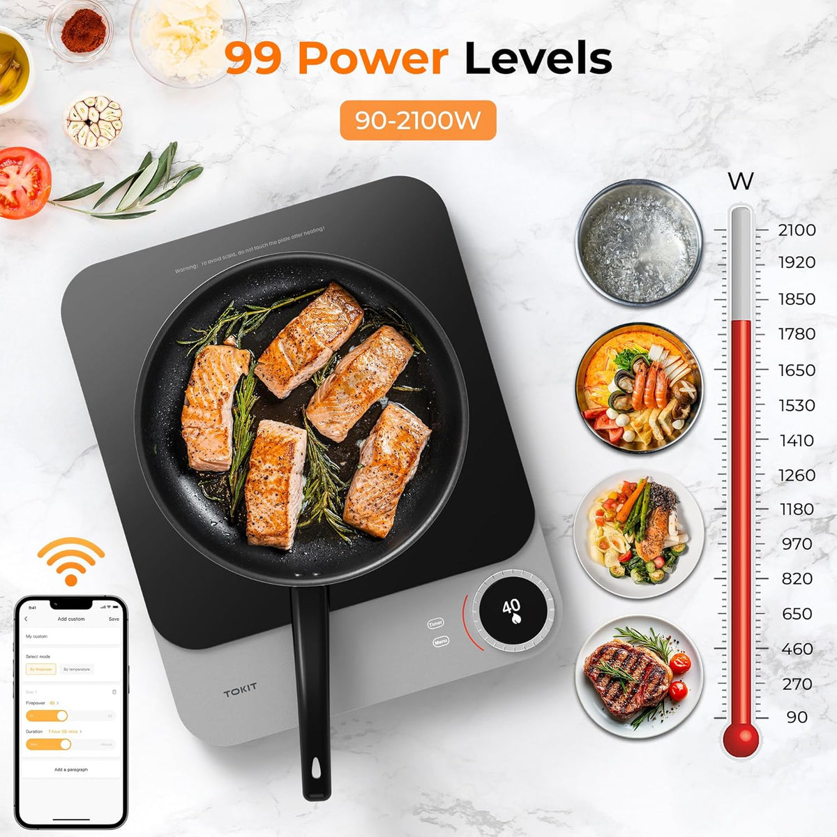 TOKIT Inductiekookplaat, 2100 W, enkele inductiekookplaat, draagbaar, 99 vermogensniveau, met oled-display, timer, 20 mm, ultradunne app-controle, temperatuursensor, van glas