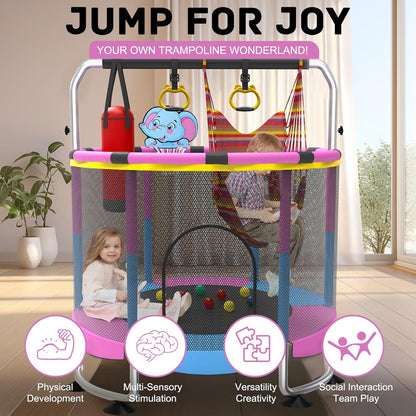 Trampoline voor kinderen, 150 cm, voor binnen en buiten, 200 kg verstelbaar, met basketbalmand en behuizing, cadeau voor jongens en meisjes