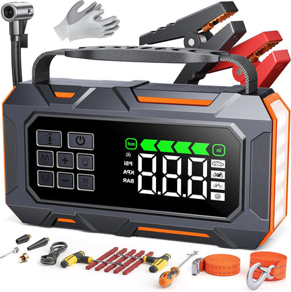 Starthulp Powerbank – Auto Booster – Noodstarter – Accu Starter – Powerbank 26800mAh – 7000A Piekstroom – Ingebouwde Compressor 160 PSI – 14-in-1 Noodkit Met 5 LED Lichtstanden