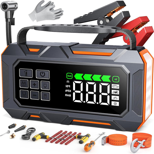 Starthulp Powerbank – Auto Booster – Noodstarter – Accu Starter – Powerbank 26800mAh – 7000A Piekstroom – Ingebouwde Compressor 160 PSI – 14-in-1 Noodkit Met 5 LED Lichtstanden