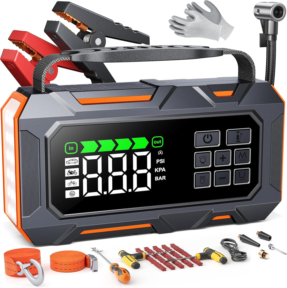 14-in-1 8000 A starthulp powerbank voor personenauto's met compressor 160 psi, 26800 mAh auto starthulp met noodgevallen kit, starter powerbank voor alle benzine/12 l diesel, 5 ledlampen