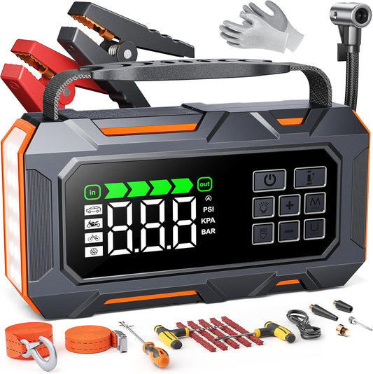 14-in-1 8000 A starthulp powerbank voor personenauto's met compressor 160 psi, 26800 mAh auto starthulp met noodgevallen kit, starter powerbank voor alle benzine/12 l diesel, 5 ledlampen
