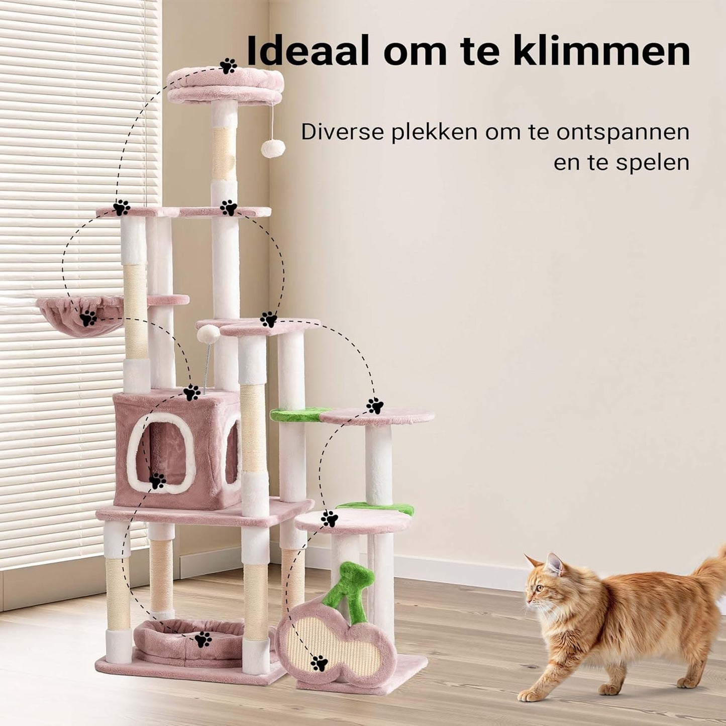 Krabpaal – Kattenboom – Kattenmeubel – Krabstel – Klimpaal – Roze Pluche Bekleding – 162 cm Hoogte