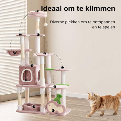Krabpaal – Kattenboom – Kattenmeubel – Krabstel – Klimpaal – Roze Pluche Bekleding – 162 cm Hoogte