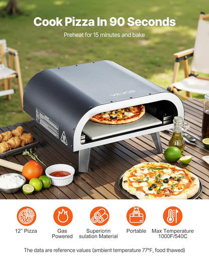 VEVOR Draagbare pizzaoven voor buiten, gasoven, 30,5 cm, propaanoven met inklapbare poten voor camping, buiten, met sproeiapparaat van ijzer, voor terras en tuin, zwart