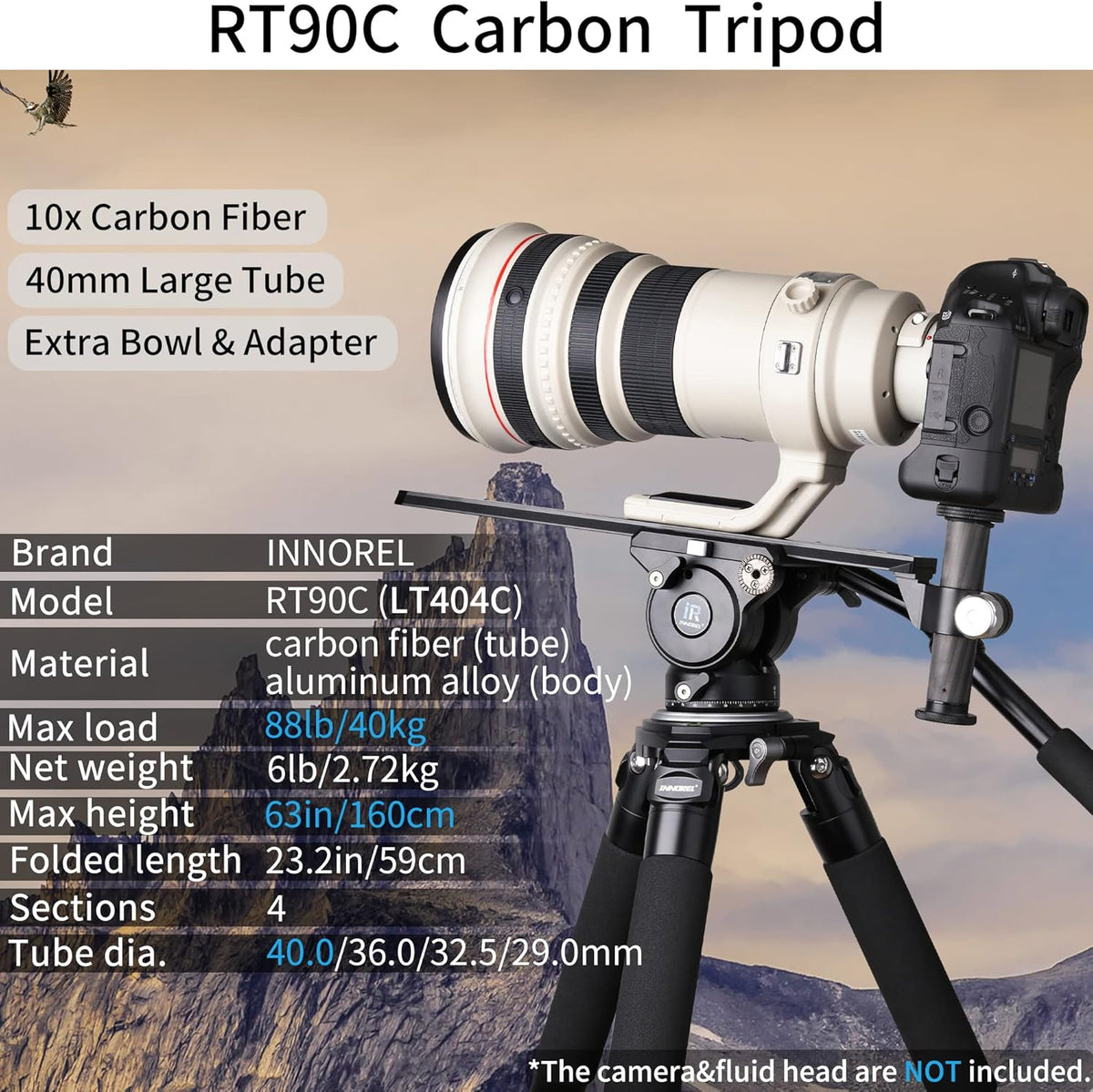 INNOREL RT90C Systematic Koolstofvezel Statief Professioneel Werkhoogte 160cm Max Buis φ40mm Maximale Belasting 88lb/40kg Ultra Stabiel Tripod voor Vogelspotters met 75mm Komadapter Statief Tas