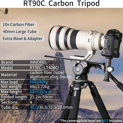 INNOREL RT90C Systematic Koolstofvezel Statief Professioneel Werkhoogte 160cm Max Buis φ40mm Maximale Belasting 88lb/40kg Ultra Stabiel Tripod voor Vogelspotters met 75mm Komadapter Statief Tas