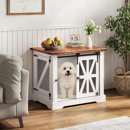 Hondenbench, 27,5 inch, hondenkooi voor thuisgebruik, schuifdeur, dubbel deurdesign, boerderijstijl, wit