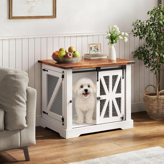 Hondenbench, 27,5 inch, hondenkooi voor thuisgebruik, schuifdeur, dubbel deurdesign, boerderijstijl, wit